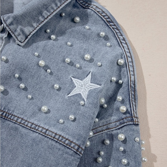 Sky Blue Distressed Pearls Star Cropped
Denim Jacket - Picture 13 of 15